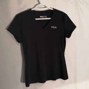 Fila Ladies Size Medium Black V-neck Short Sleeve Fitted Athletic Top